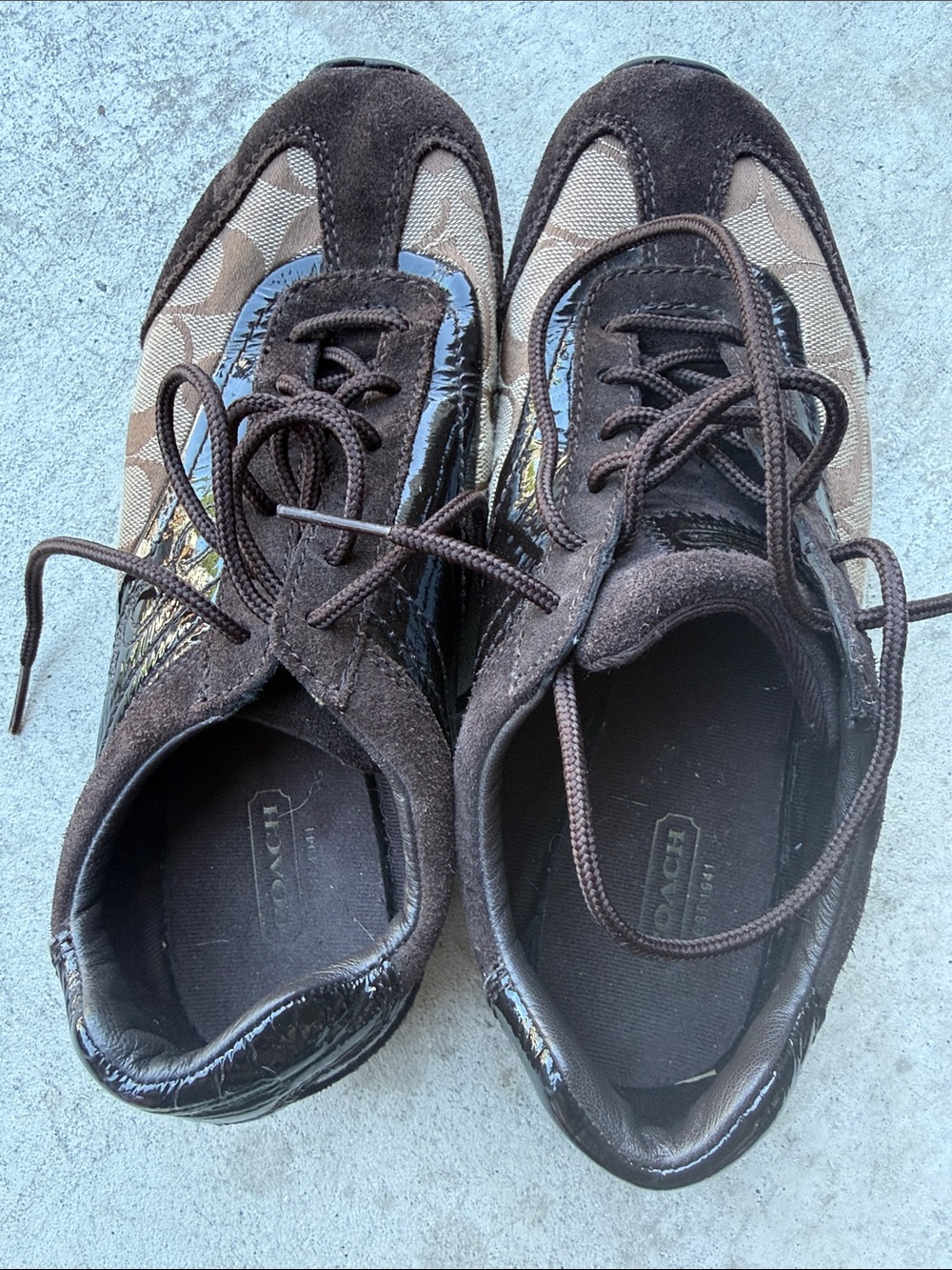 Coach Brown Signature Monogram Lace-Up Sneakers with Patent Trim - Picture 2 of 5
